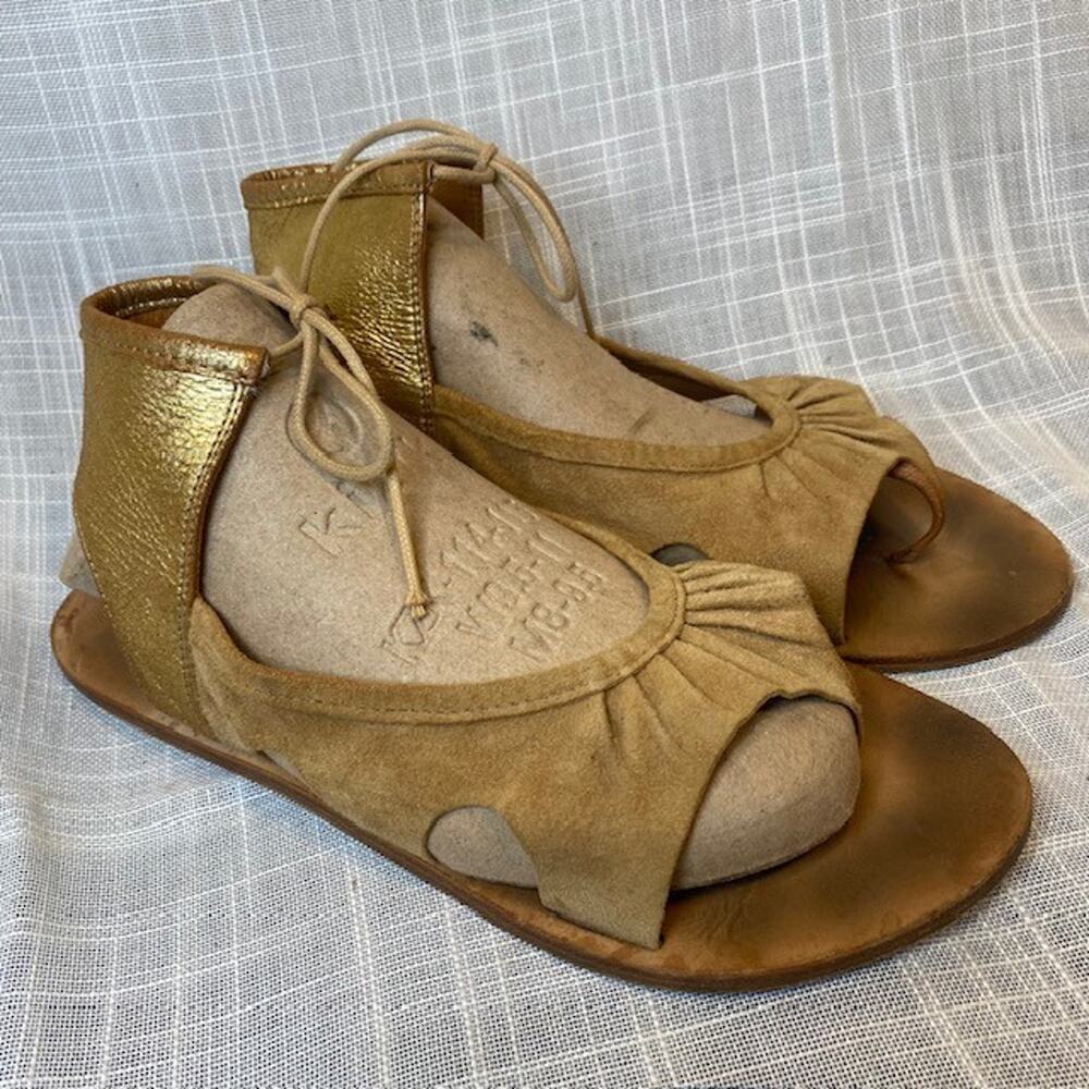 Repetto Metallic Gold Leather Tan Suede Ankle Tie Sandals Shoes Womens 6.5